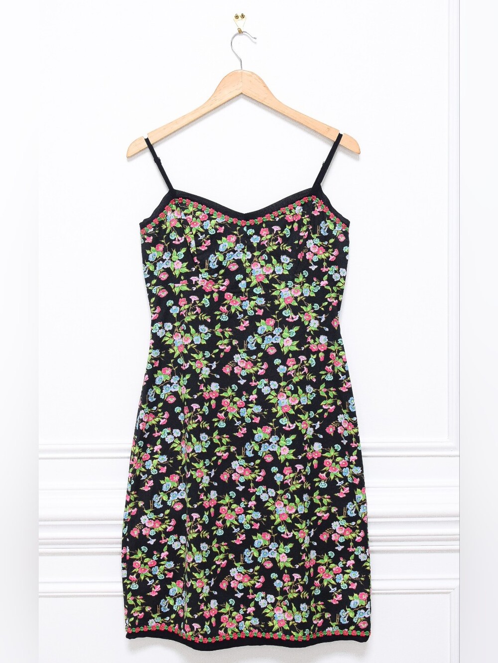 Vintage Betsey Johnson Floral Slip Dress Rosette Trim Sz M 90s Y2K Fairy Grunge